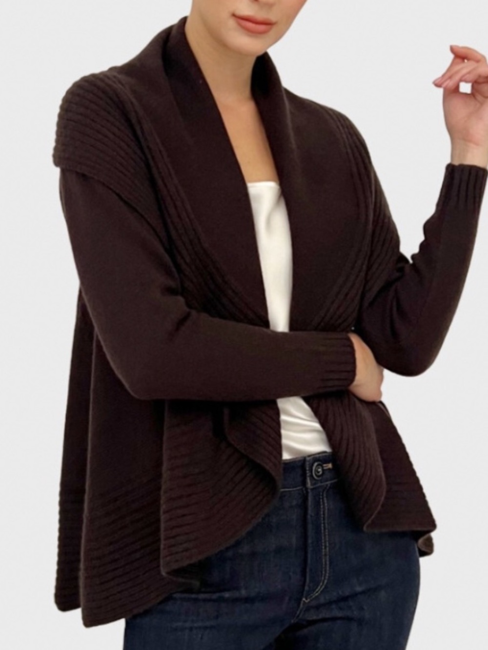 RANI ARABELLA Cashmere Open Front Cardigan Loro Piana Yarn Chocolate Brown M